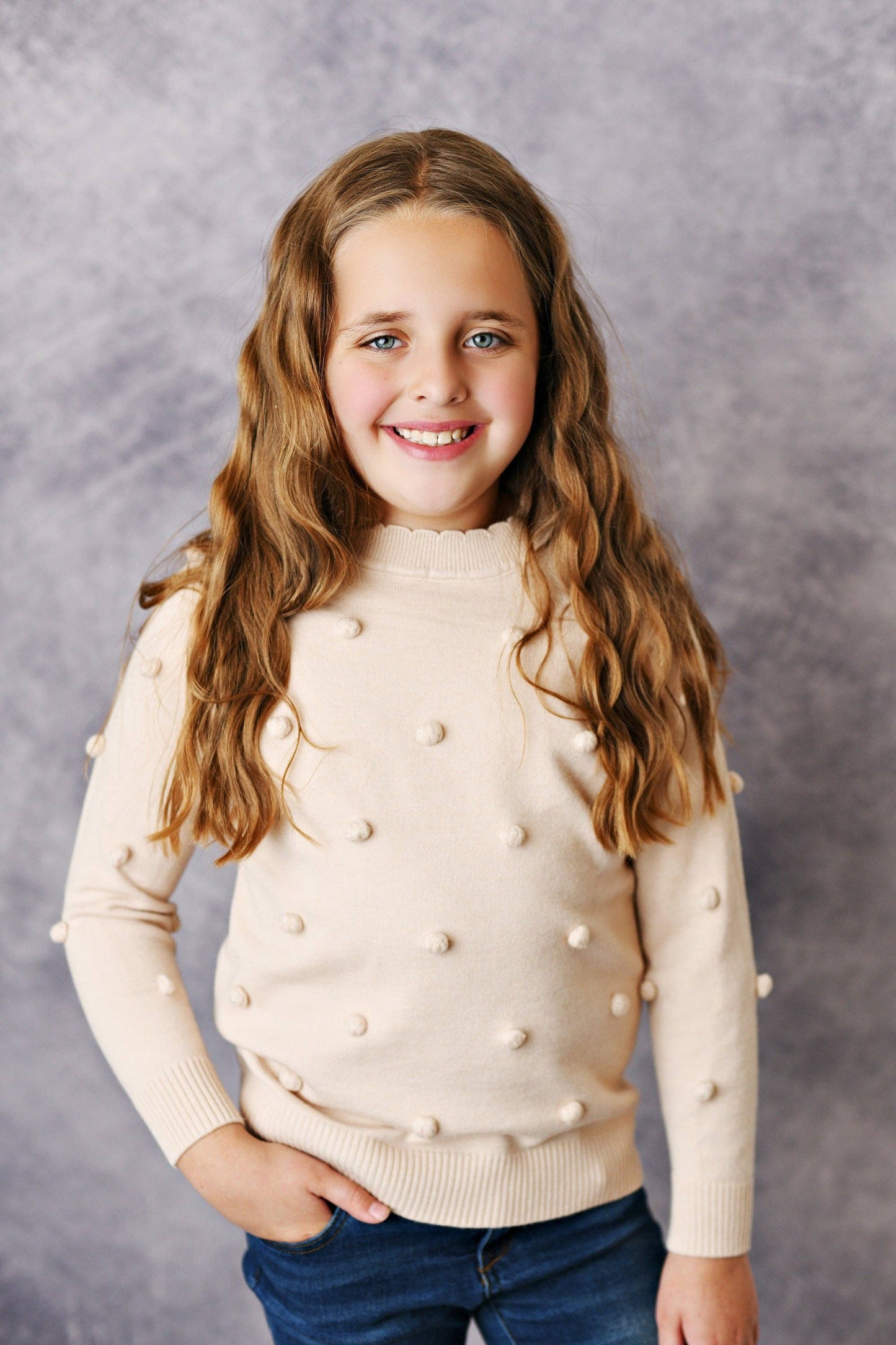 Tween Beige Pom Pom Sweater