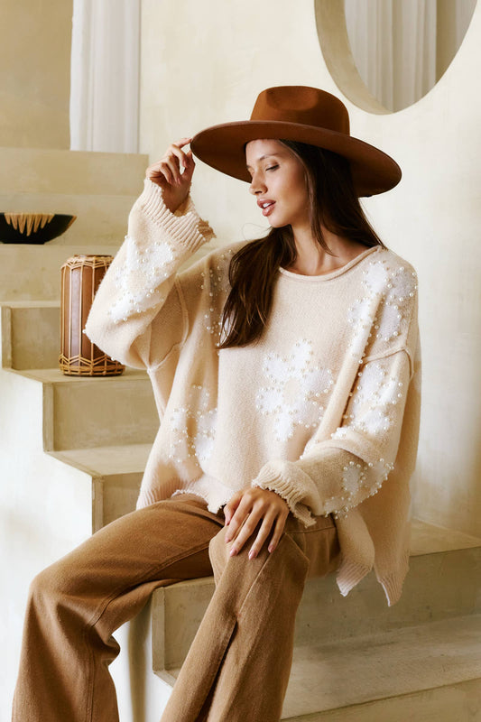 Pearl Studded Daisy Frayed Sweater