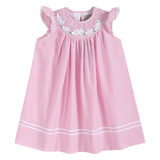 Pink Seersucker Running Bunnies Smocked Bishop Dress