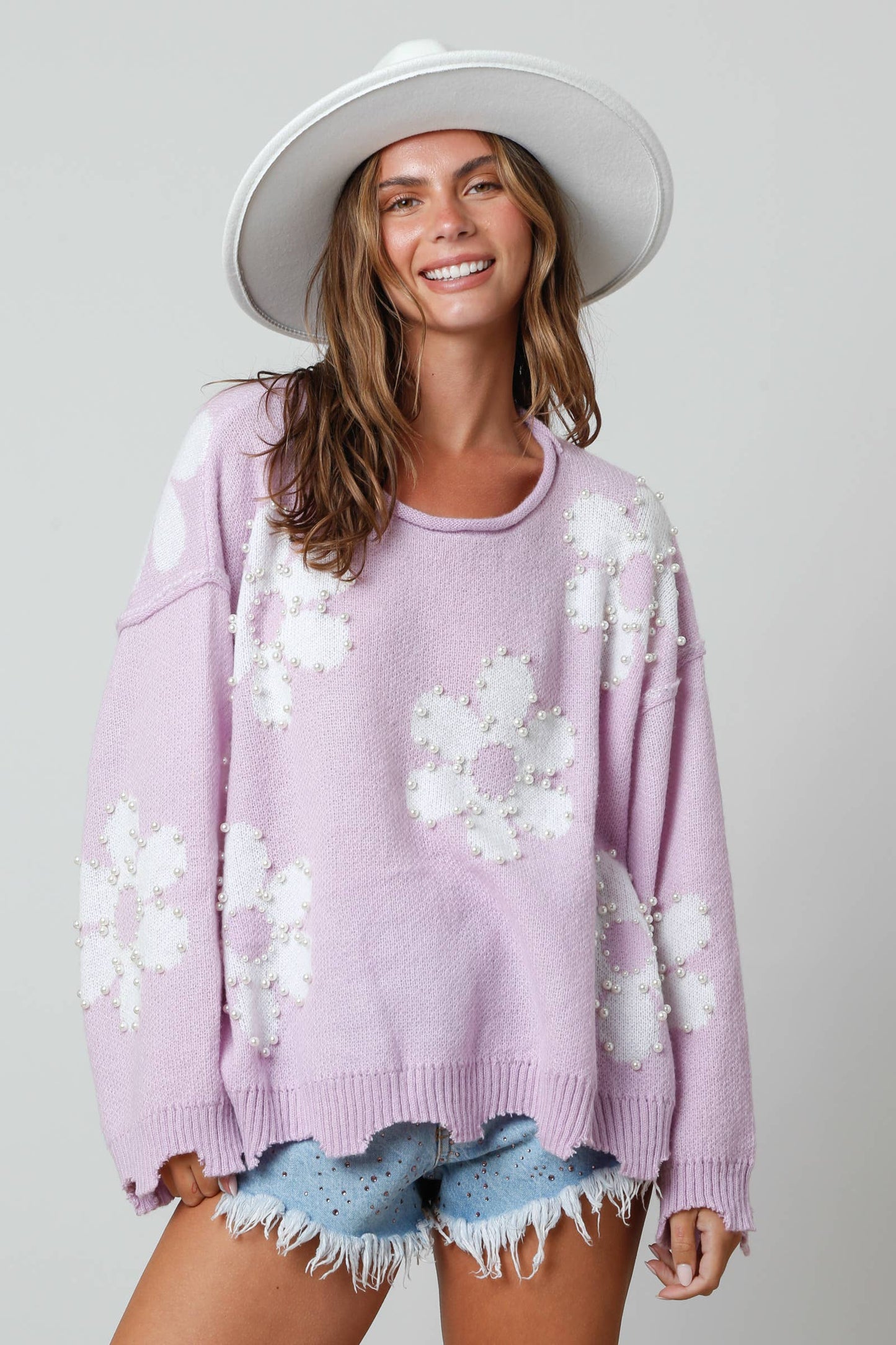 Pearl Studded Daisy Frayed Sweater: Lavender