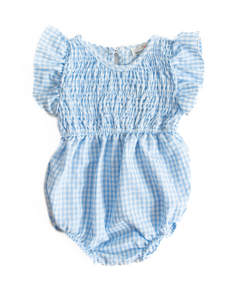 Astrid Flutter Sleeve Bubble Romper - Light Blue Gingham