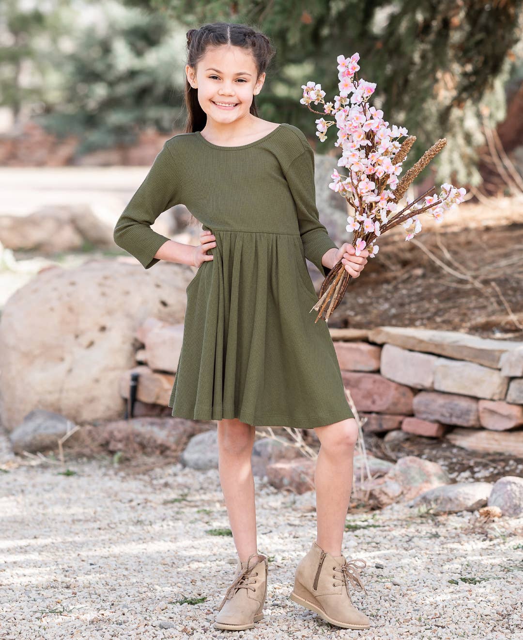 Juniper Knit 3/4 Sleeve Twirl Dress: Olive Green